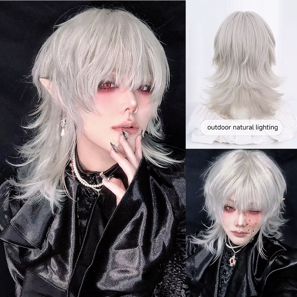 Belle perruque synthétique de couleur blanc argenté de 16 pouces avec frange, cheveux naturels ondul