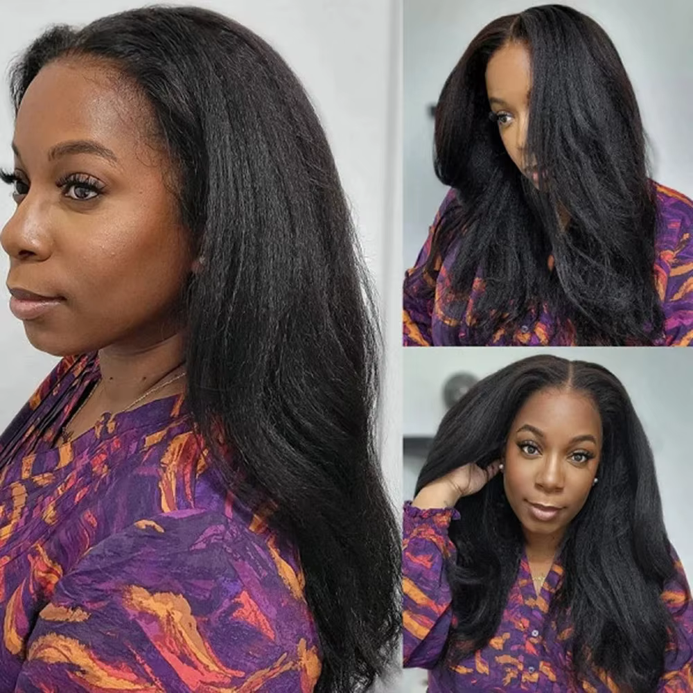 Perruque Lace Front Kinky Straight de 40-42 pouces, pré-épilée, Yaki Straight HD 13x4, avec bords 4C