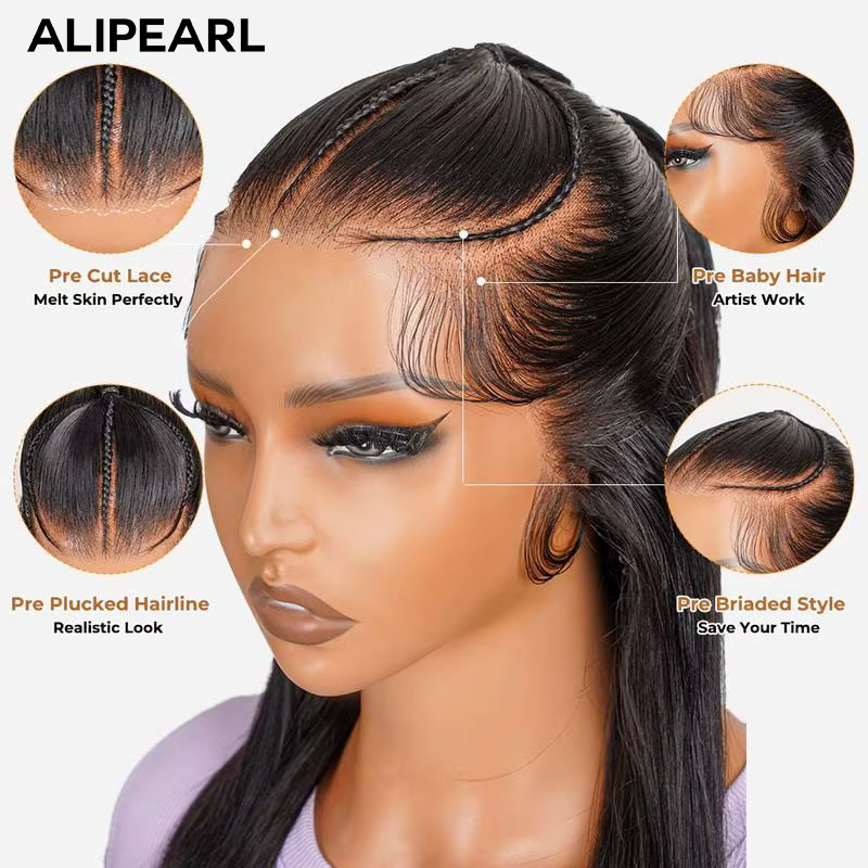 Alipearl-Perruque en dentelle pré-tressée, perruque pré-coupée, cheveux demi-haut et queue de cheval