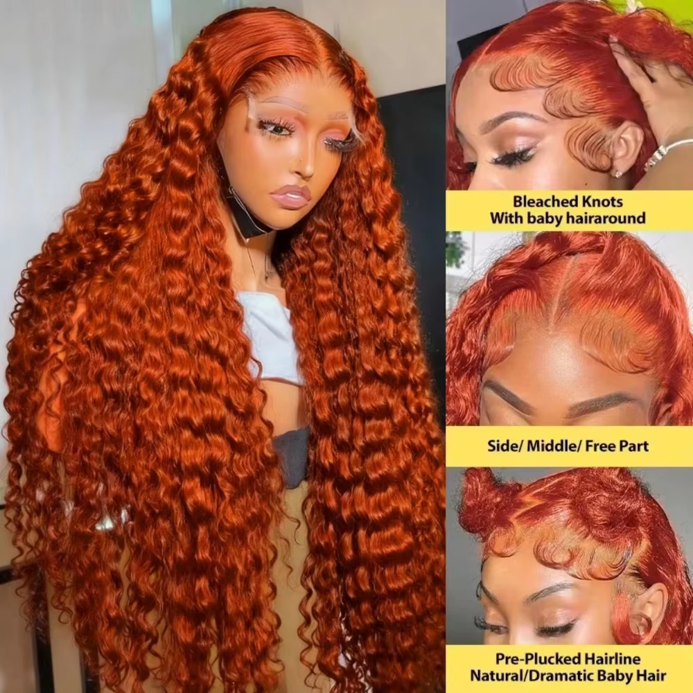 Perruque Lace Frontal Wig brésilienne naturelle, cheveux bouclés, Orange gingembre, 13x6, Deep Wave,