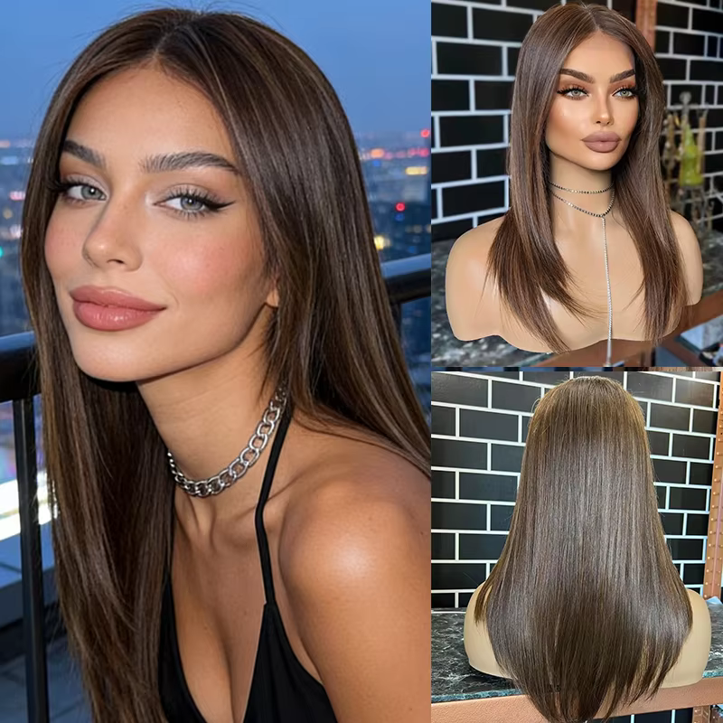 Perruque sans colle, bonnet petit et grand, marron avec mèches blondes, perruque frontale en dentell