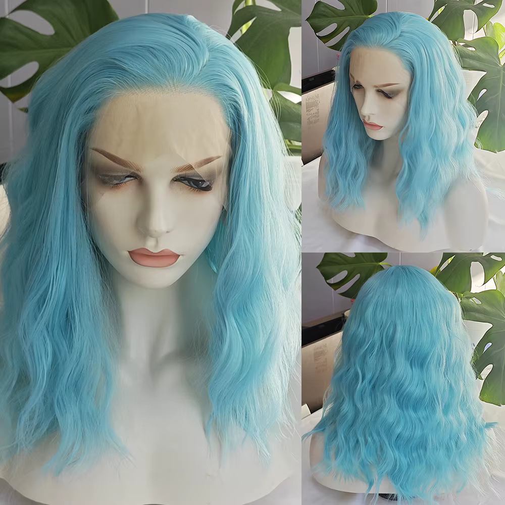 Perruque Lace Front Wig synthétique ondulée bleu ciel, perruque Loose Wave bleu clair pour femmes, C