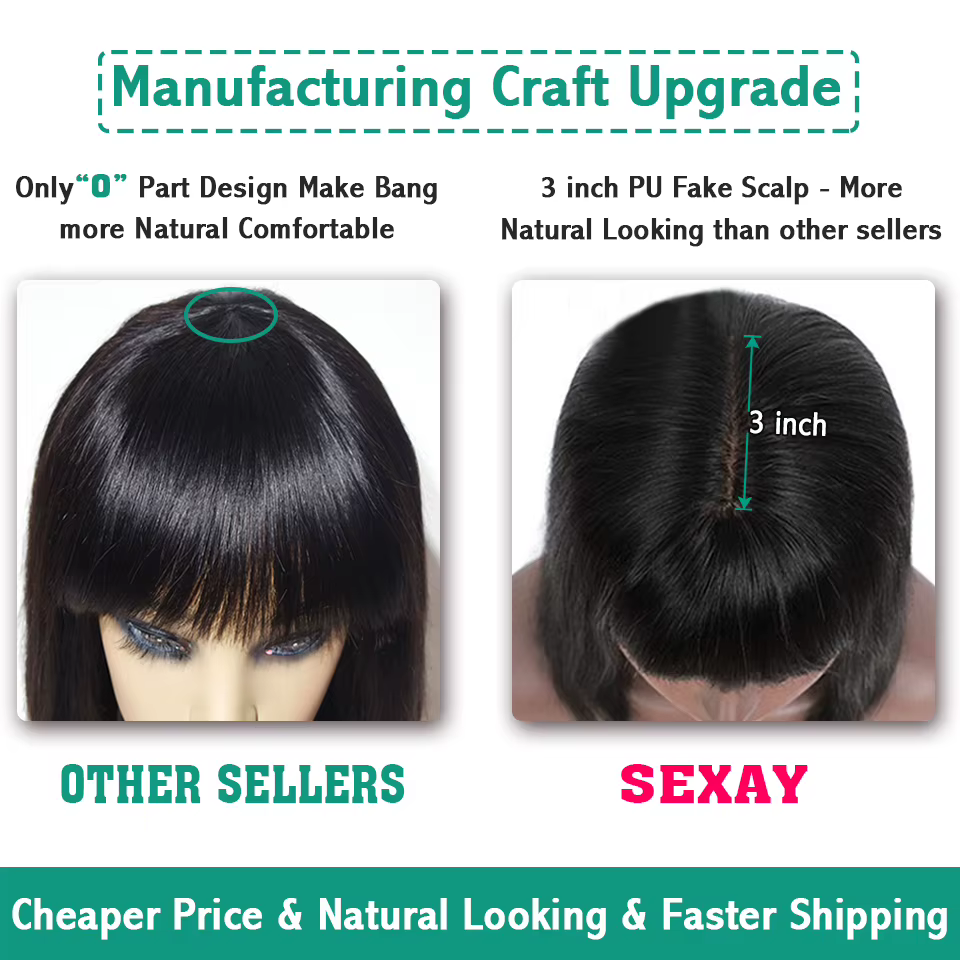 Sexay cuir chevelu Bang perruque de cheveux humains brut indien droit cheveux humains frange perruqu