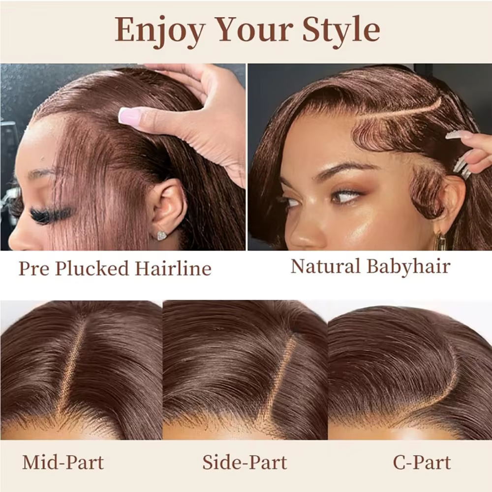 Perruque de cheveux humains lisses brun chocolat 46 pouces 13x6 Transparent HD dentelle frontale pré