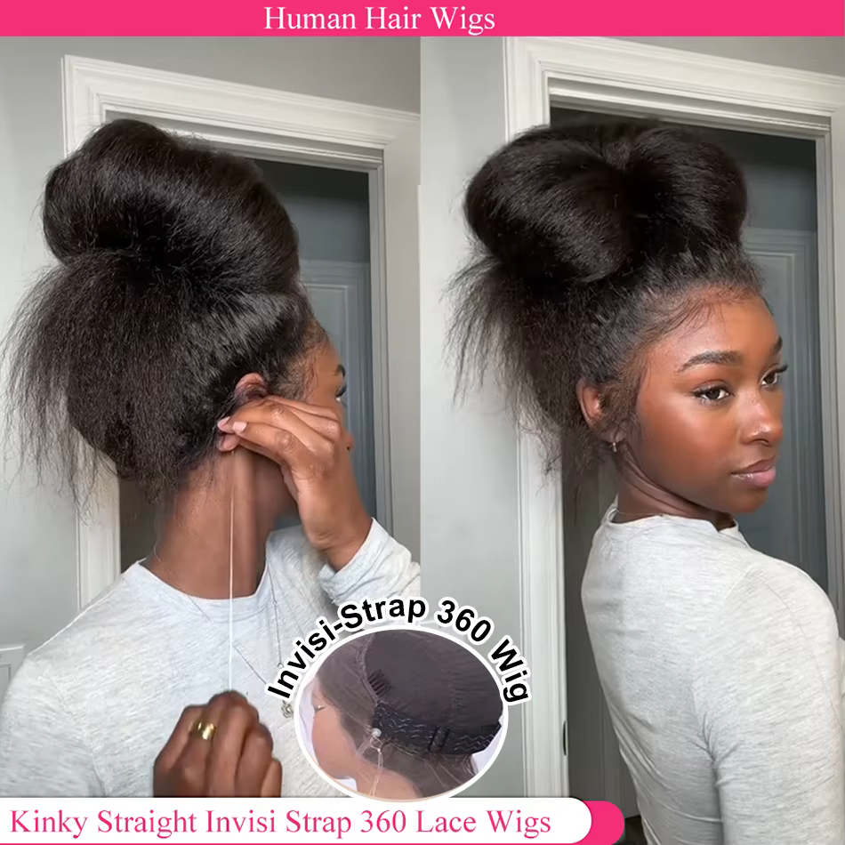 Perruque Lace Front Wig naturelle sans colle, cheveux crépus lisses, avec sangle Invisible HD 360, d