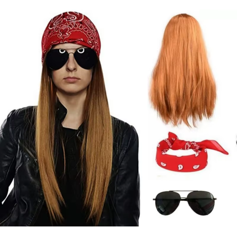 Perruque synthétique longue et lisse, cheveux bruns, ensemble foulard pour lunettes de soleil, rétro