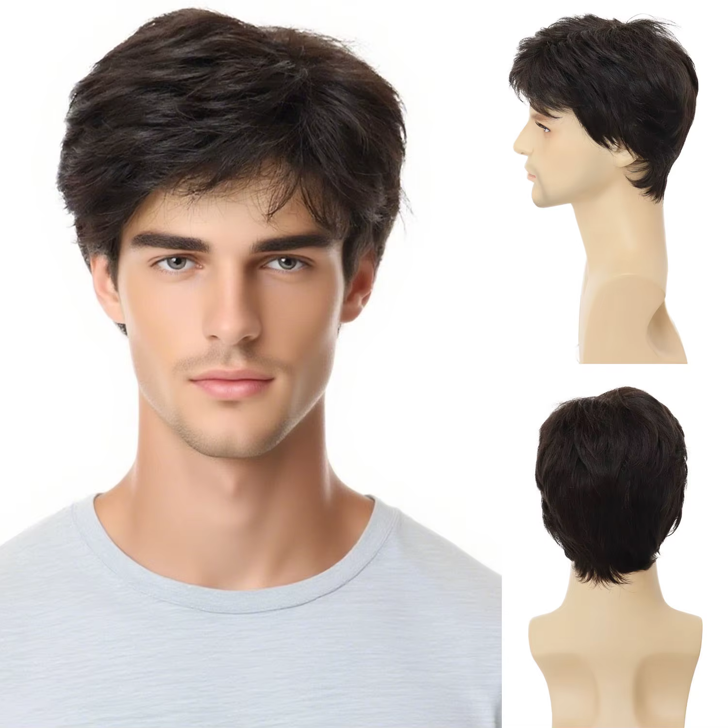 Perruque synthétique pour hommes, coupes de cheveux courtes, perruque marron foncé avec frange, coif