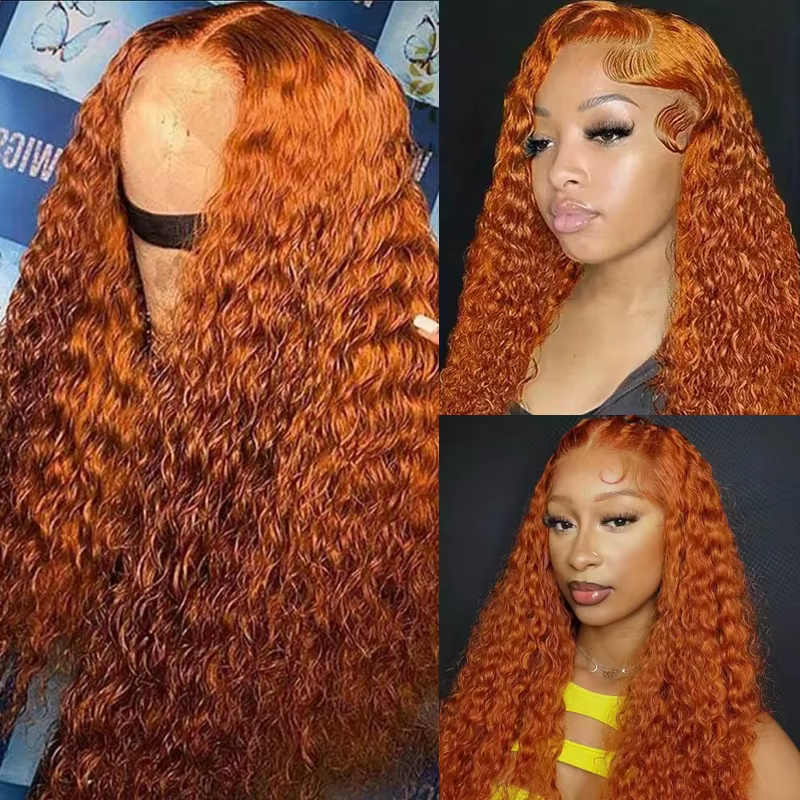Perruque Lace Front Wig 350 naturelle brésilienne, cheveux humains, Deep Curly, couleur orange, 13x4