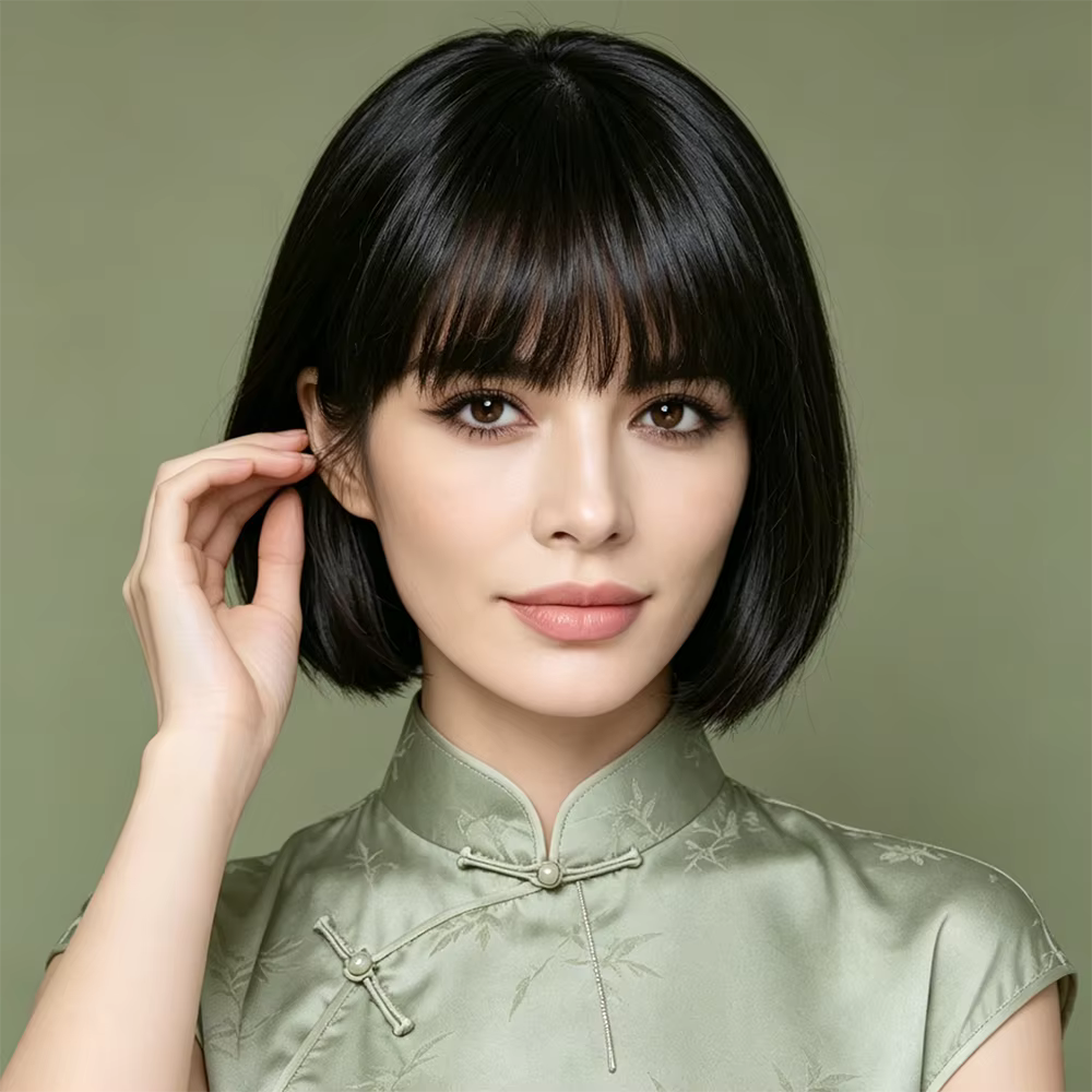 Perruque courte droite en cheveux humains avec frange complète, aspect naturel, entièrement fabriqué