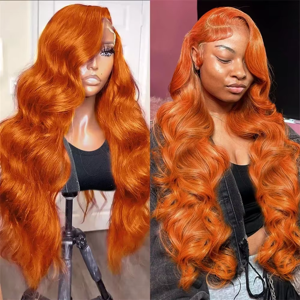 Perruque Lace Front HD 13x6 en Cheveux Humains, Ondulation Body Wave, Couleur Gingembre Orange, Dens