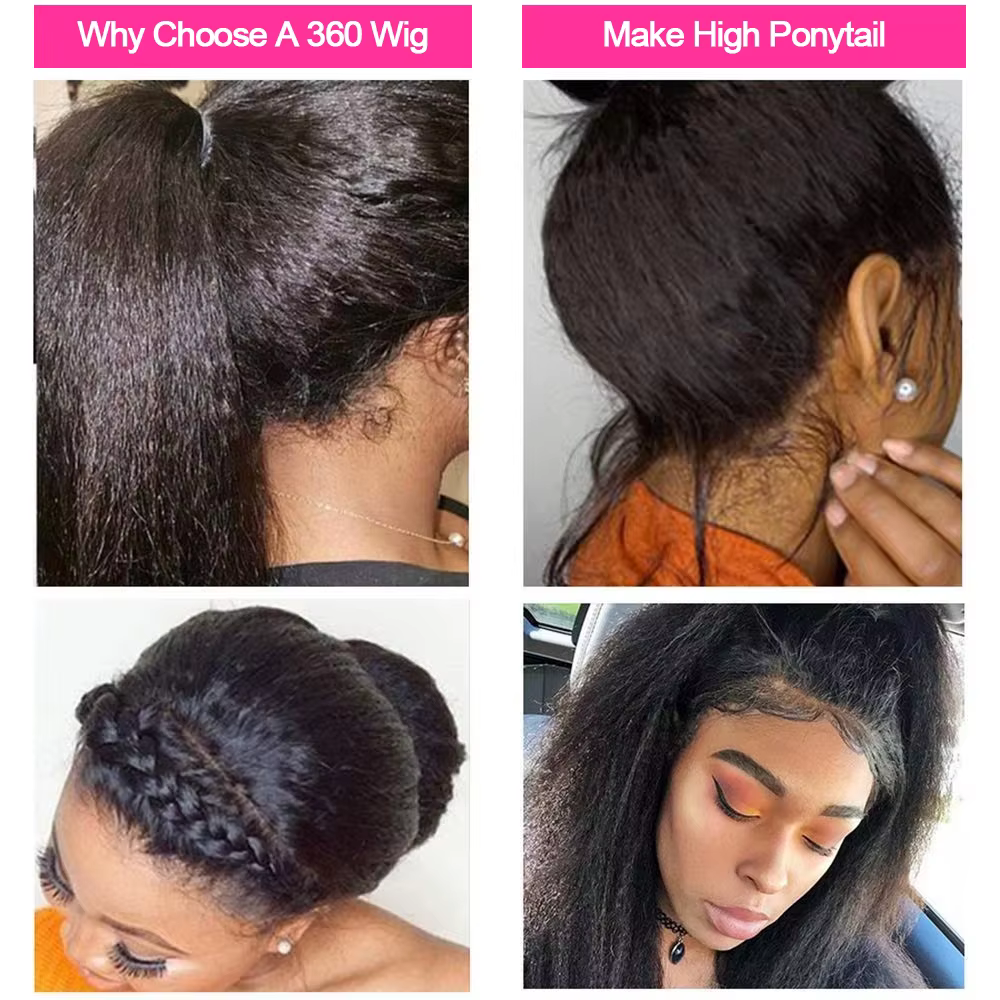 250% Kinky Straight Perruque Yaki Sans Colle 360 Natural Yaki Straight Wig Invisible Sangle Perruque