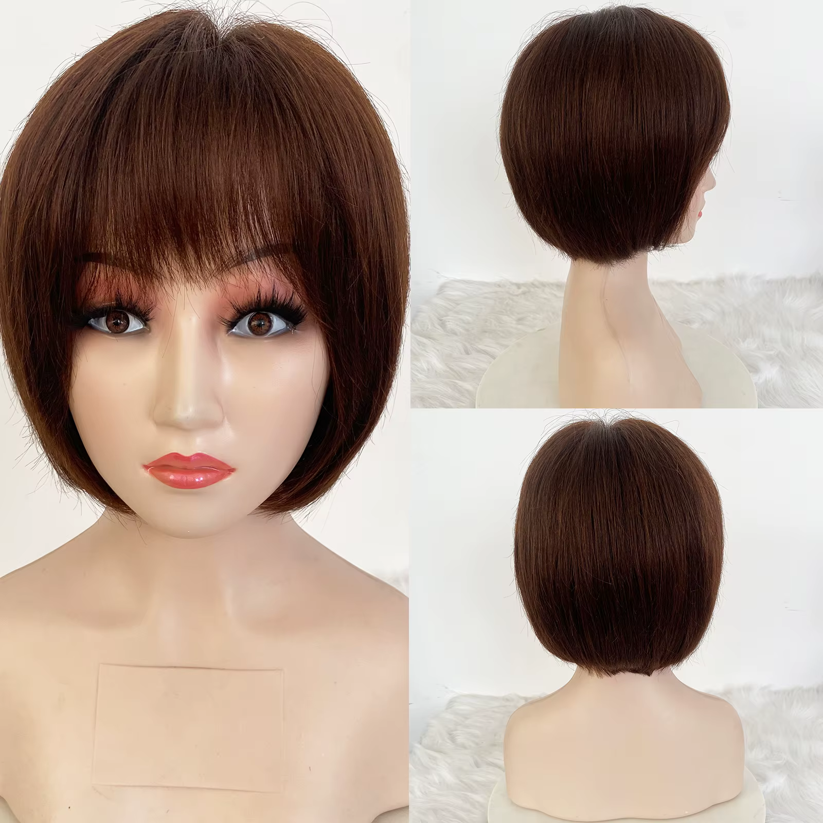 Perruque Full Lace Wig naturelle courte, cheveux humains, coupe Pixies, brun foncé, avec frange aéri