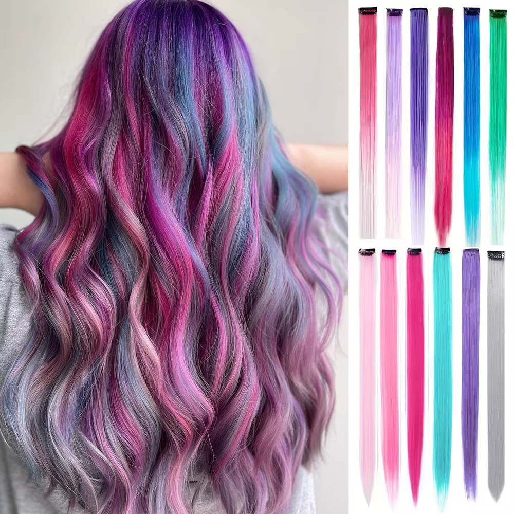 Extensions capillaires synthétiques à reflets colorés pour filles, postiches lisses multicolores de