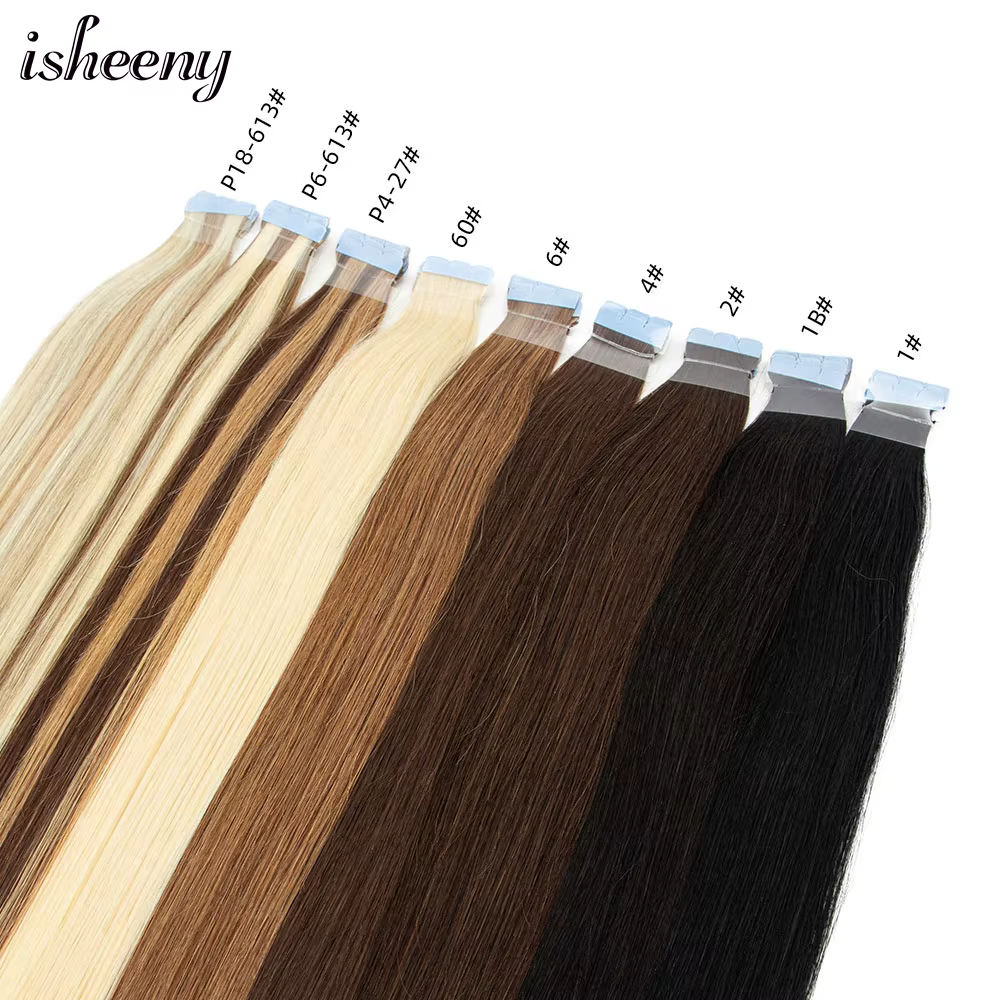 Isheeny-Extensions de Cheveux Humains Remy, Bande Adhésive, Noir Naturel, Marron, Blond, 12 à 24 Pou
