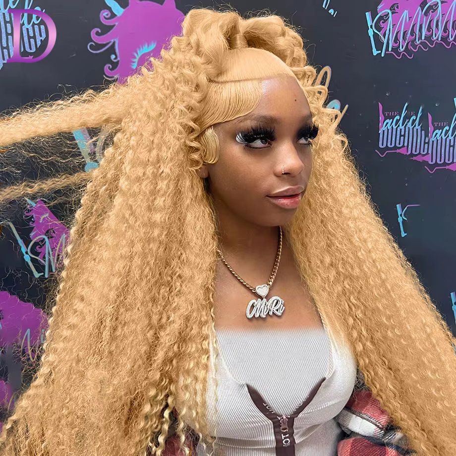Dialola Perruque Cheveux Humains Bouclés Deep Wave Blonde Miel Couleur 27 Dentelle Frontale 13x4 13x