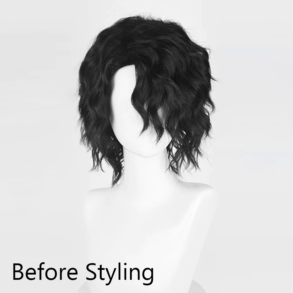 Perruque synthétique courte ondulée noire bouclée pour hommes, perruque de jeu animé Cosplay moelleu