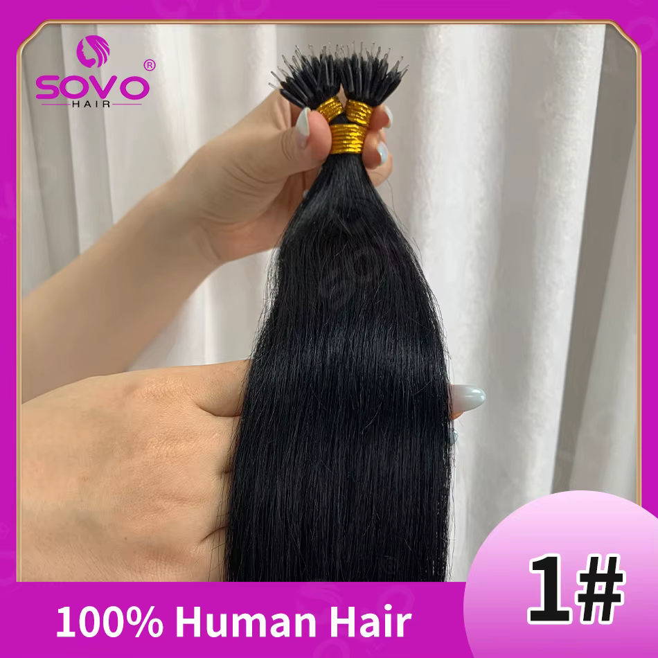 Extensions de cheveux naturels Nano Ring Remy lisses, à pointe micro-anneau pré-collée, couleur natu