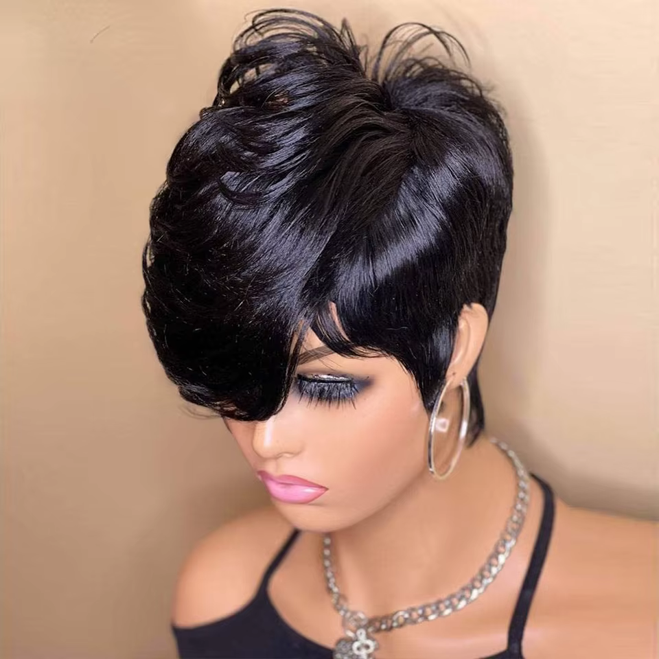 Perruque coupe lutin pour femmes perruques courtes de cheveux humains avec frange brésilienne vraie