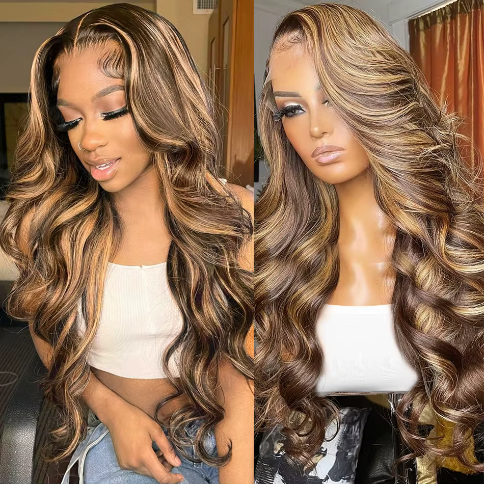 Perruque Lace Front Wig Body Wave Naturelle Remy Sans Colle, Cheveux Humains, Balayage Blond Brun Om