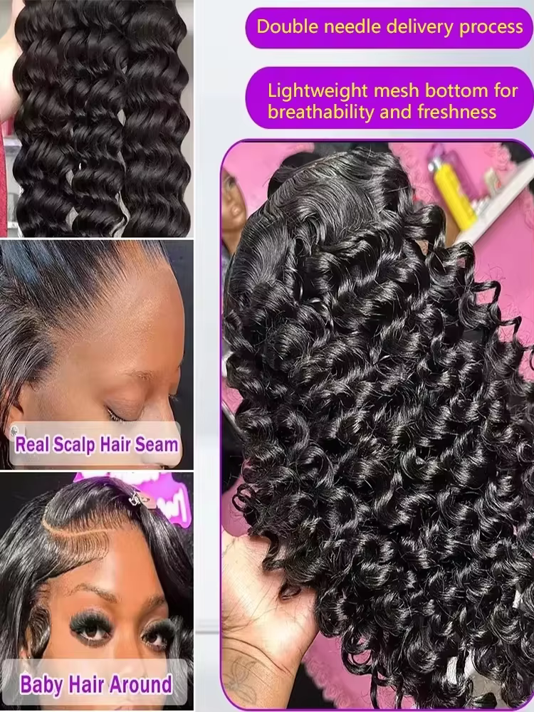 Perruque Lace Frontal Wig naturelle bouclée, cheveux humains, Deep Wave, 40 pouces, 13x6, 13x4, HD,