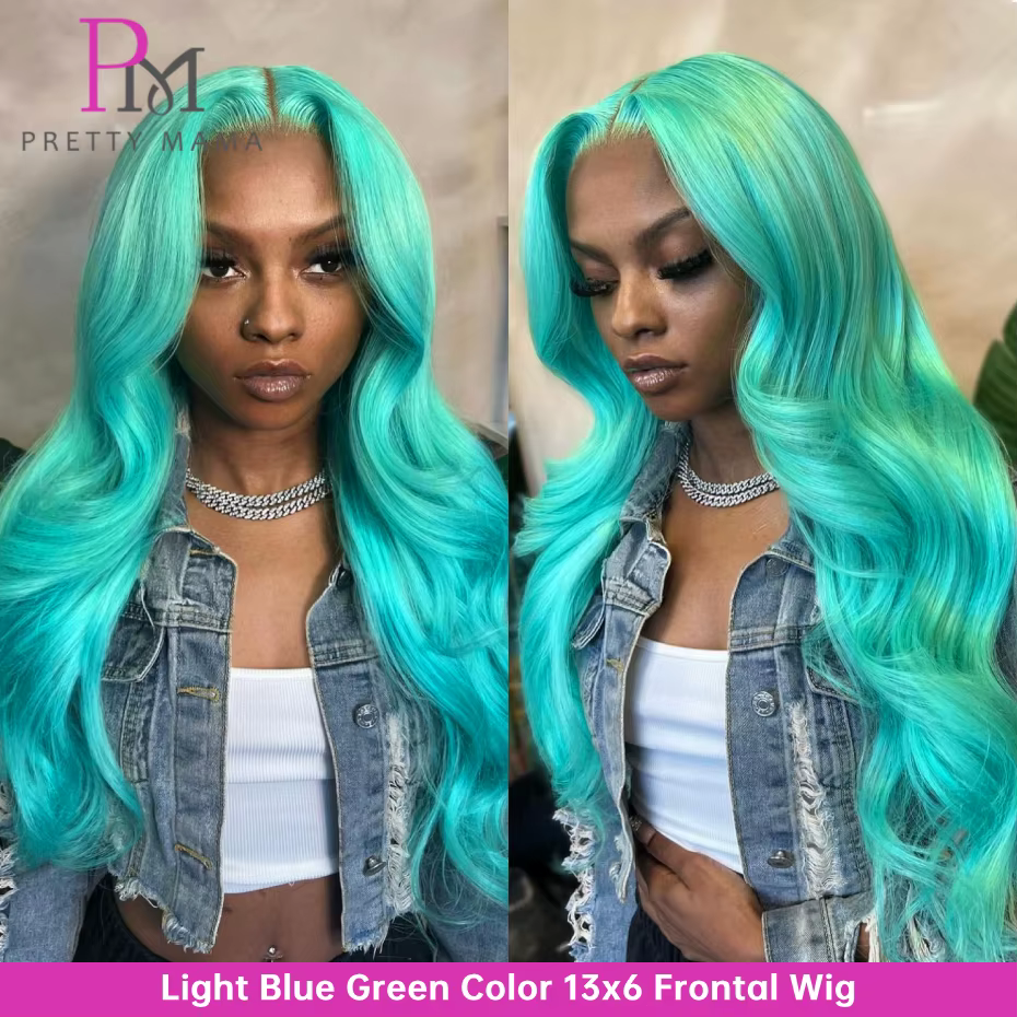 13x6 Cyan bleu dentelle avant perruque vague de corps vert clair dentelle avant perruque cheveux hum