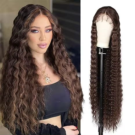 WIGERA Perruque synthétique ombrée noire 40 pouces extra longue, ondulée profonde, avec dentelle, bo
