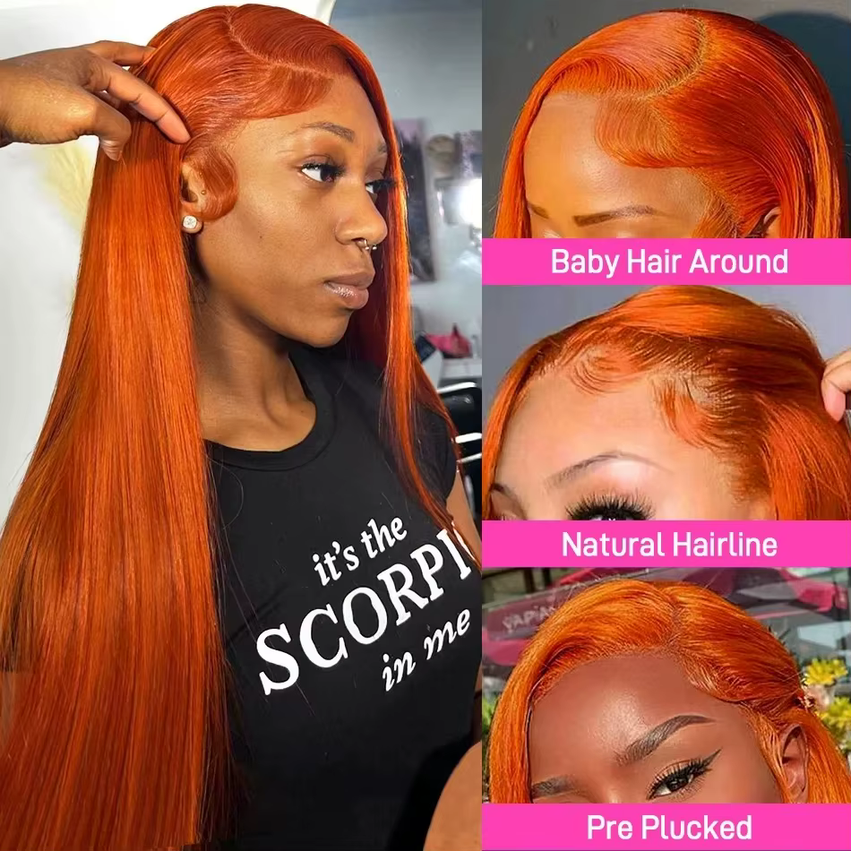Perruques Lace Front 13x4 en Cheveux Humains Lisses Couleur Gingembre Orange, 30 Pouces, avec Fronta