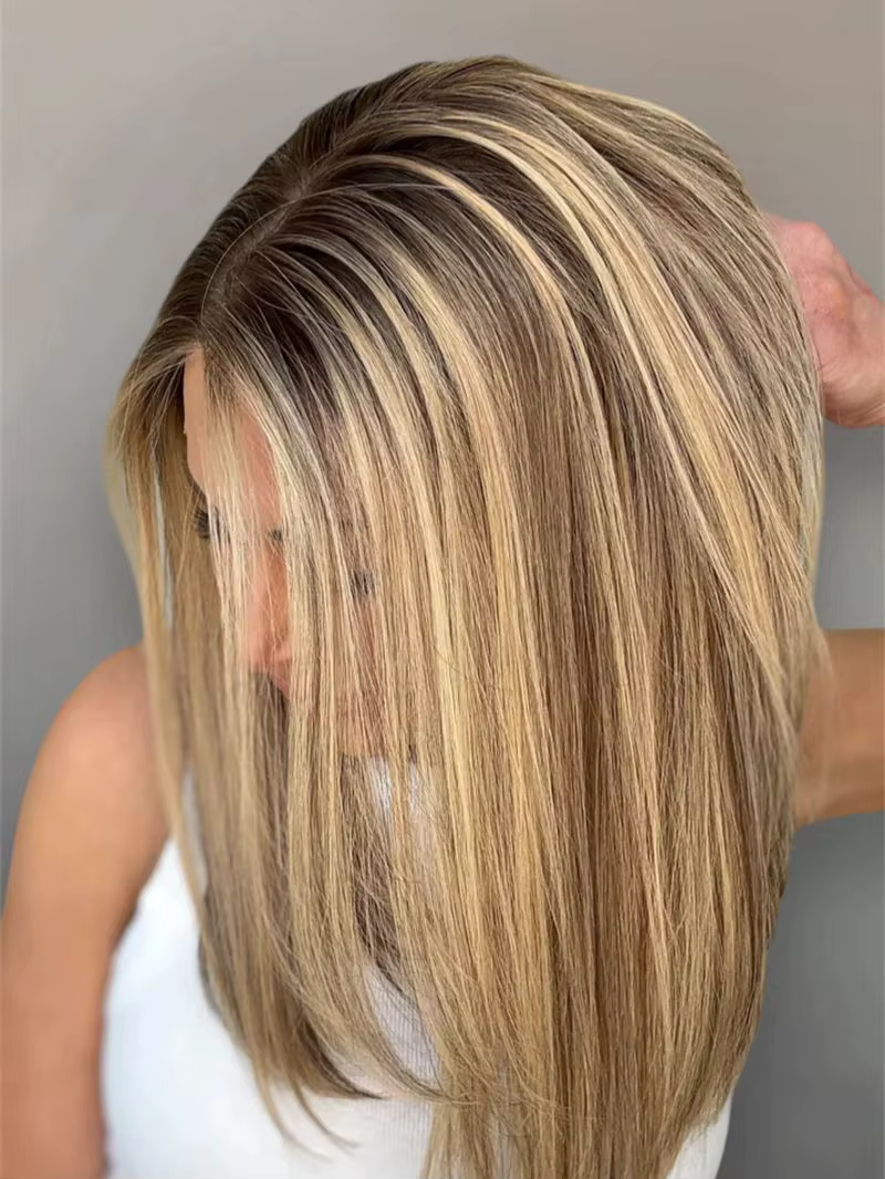 Perruque Balayage synthétique courte et lisse, naissance des cheveux naturelle, 13x4, ombré, marron,