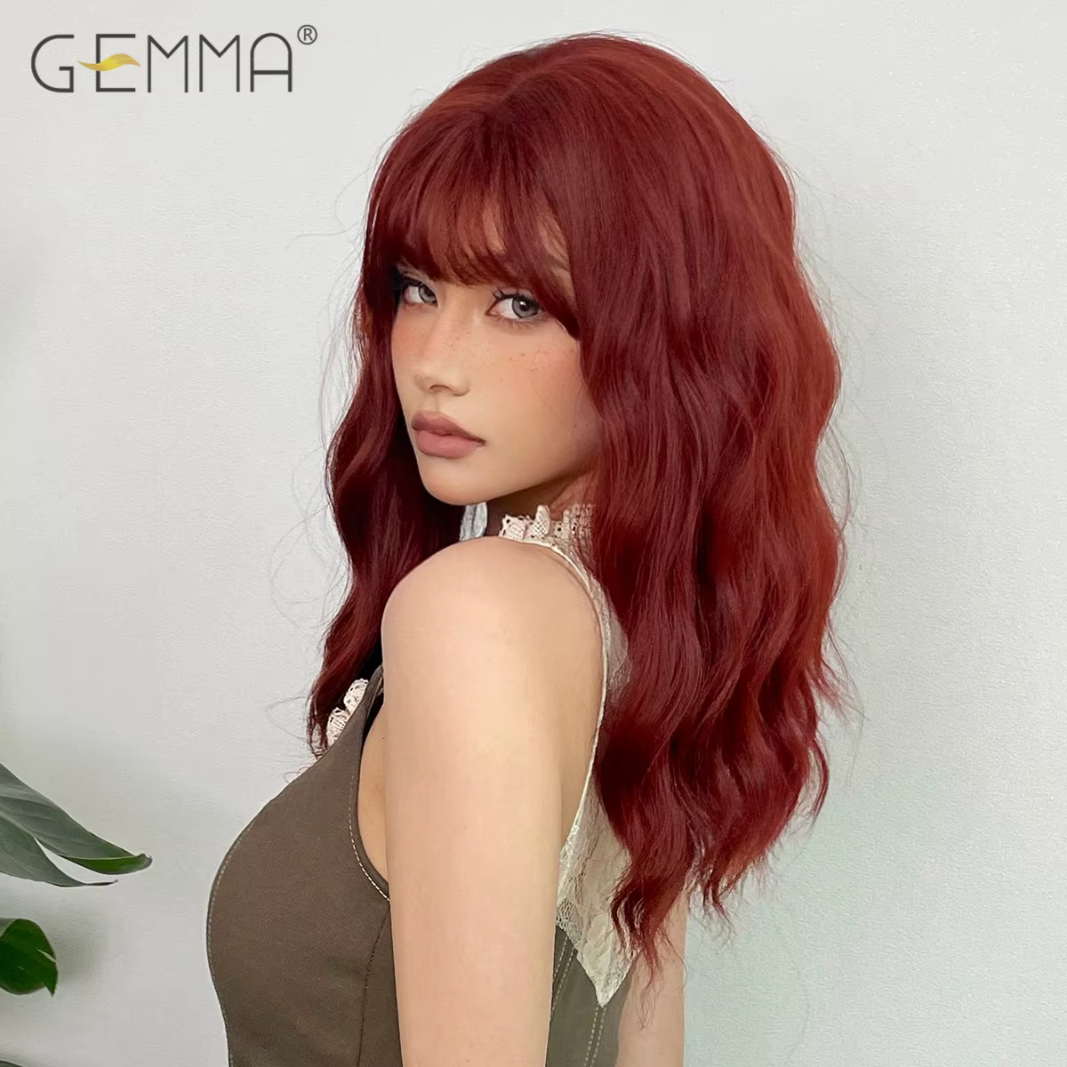 GEMMA – perruque synthétique bouclée mi-longue avec frange, cheveux naturels ondulés pour Cosplay, e