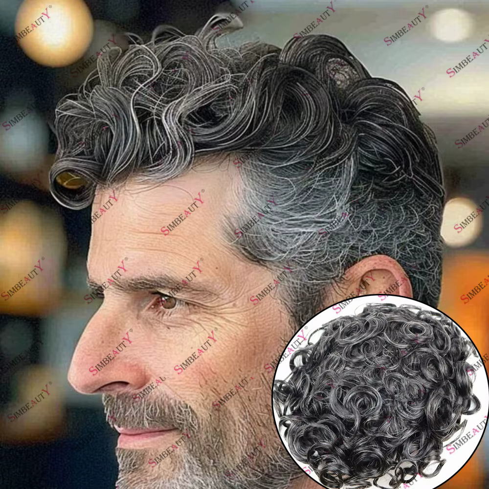 Hommes 26mm naturel bouclés cheveux humains toupet remplacement capillaire prothèse 100% cheveux hum
