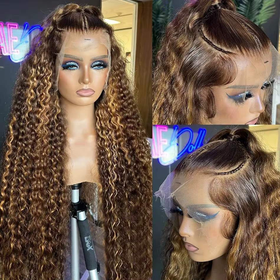 Perruque Lace Frontale en Cheveux Humains Ondulés Ombrés 250 Densité 30 Pouces, Effet Deep Wave, Den