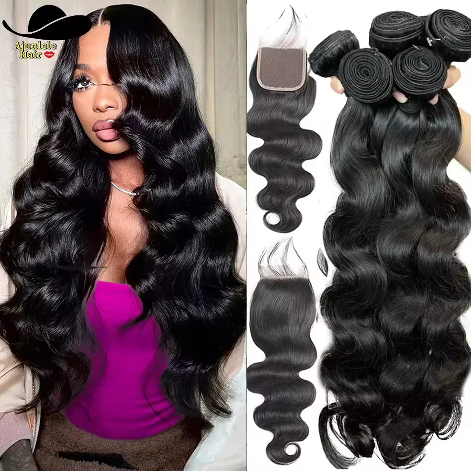 Extensions de Cheveux Humains Brésiliens Ondulés (Body Wave) – 3 Paquets avec Fermeture en Dentelle