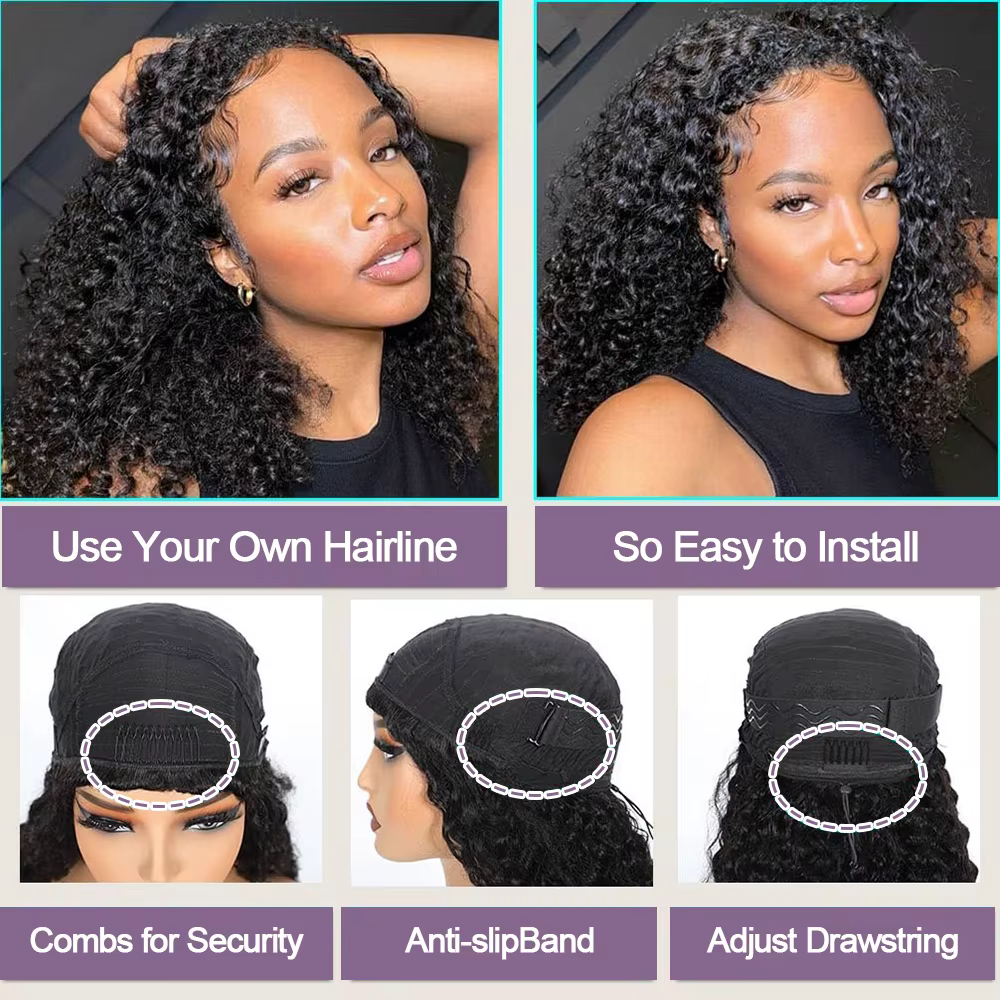 Perruque demi-tête à enfiler, sans colle, avec cordon de serrage, cheveux humains bouclés, perruques