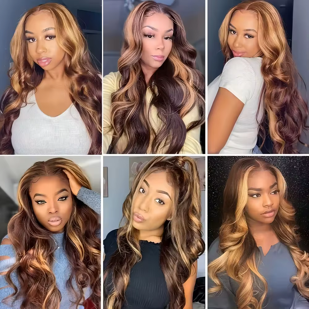 Perruque Lace Front Wig Body Wave brésilienne naturelle, cheveux humains à reflets colorés, 13x6 Hd,