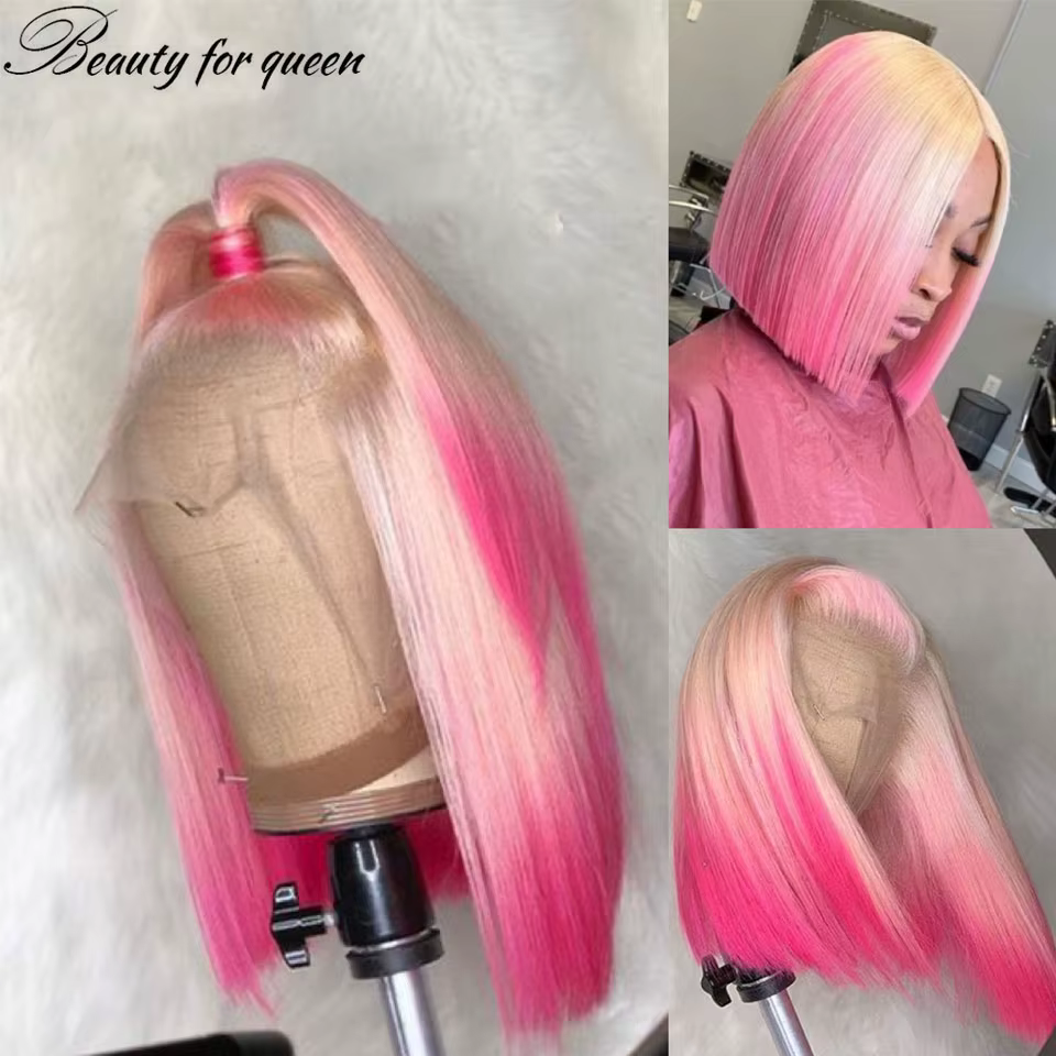 Perruque Bob Lace Front Wig naturelle lisse, cheveux blond miel 613 rose 13x4, perruque Bob courte o