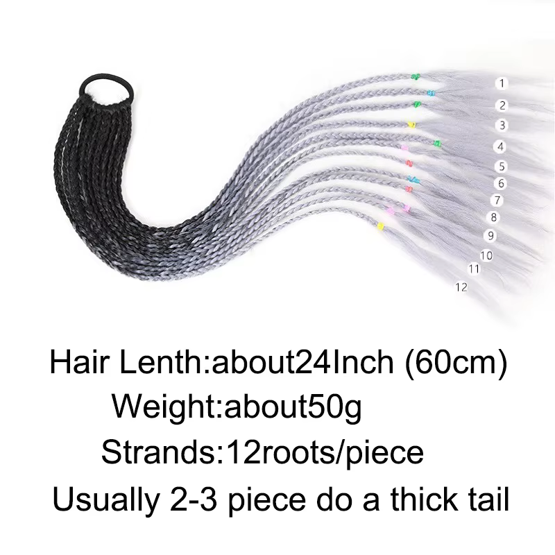 24Inch Synthetic Gradient  Colored Braided Ponytail Hair Extension Elastic Rubber Band Braiding Pony