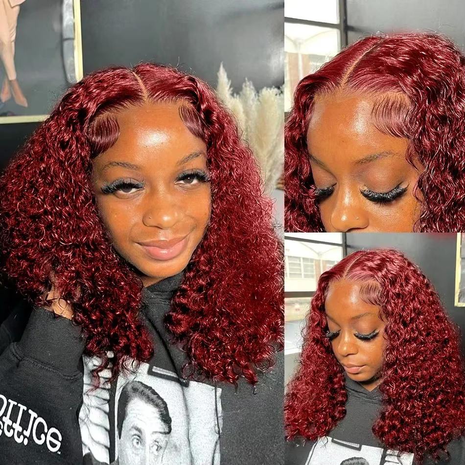 Perruques Bob Courtes en Cheveux Humains Remy Brésiliens Pré-Pluckées, Couleur Rouge Bourgogne 99J,