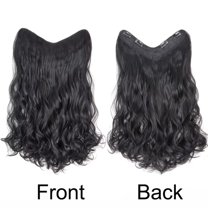 Extension Capillaire Synthétique Longue Ondulée Bouclée en Forme de V, Postiche Blonde Noire, 4 Clip
