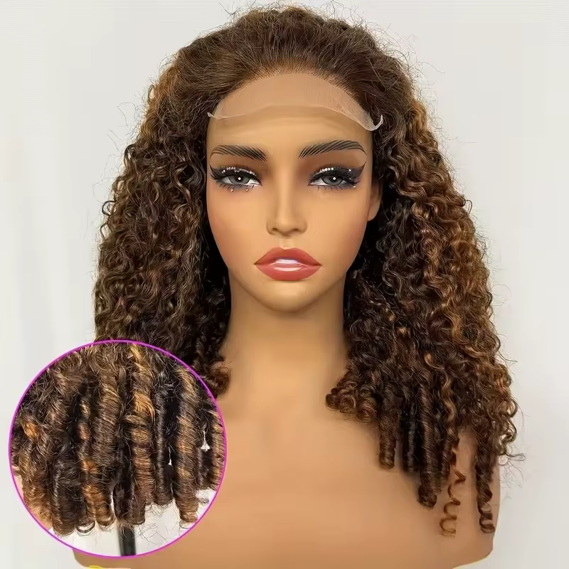 Perruque bouclée birmane 13x4 HD Lace Front, cheveux humains, vague profonde, ombré blond miel 4/27,