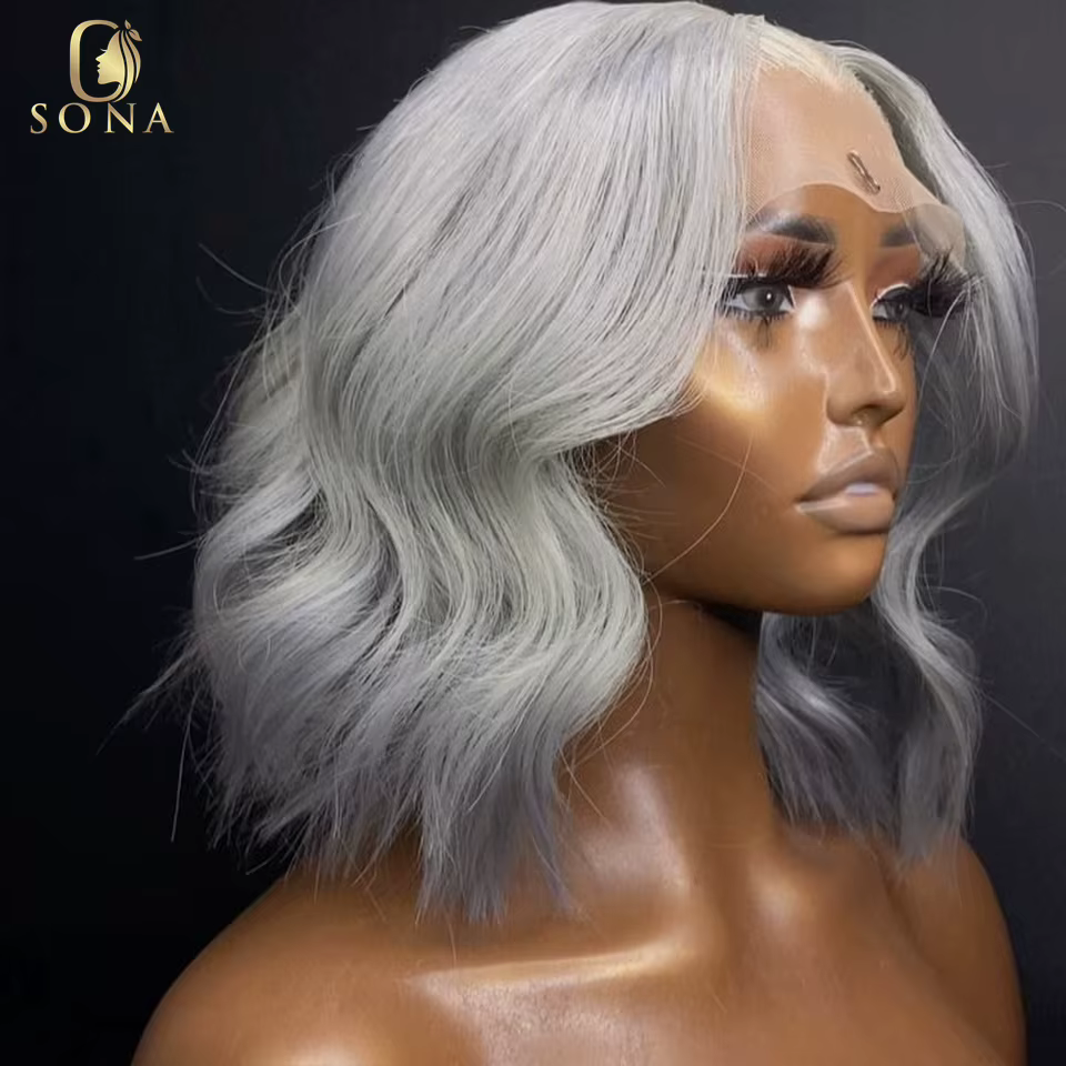 Perruque Bob Lace Front Wig Body Wave Naturelle, Cheveux Courts, Gris Clair, 13x6, 13x4, Couleur Blo