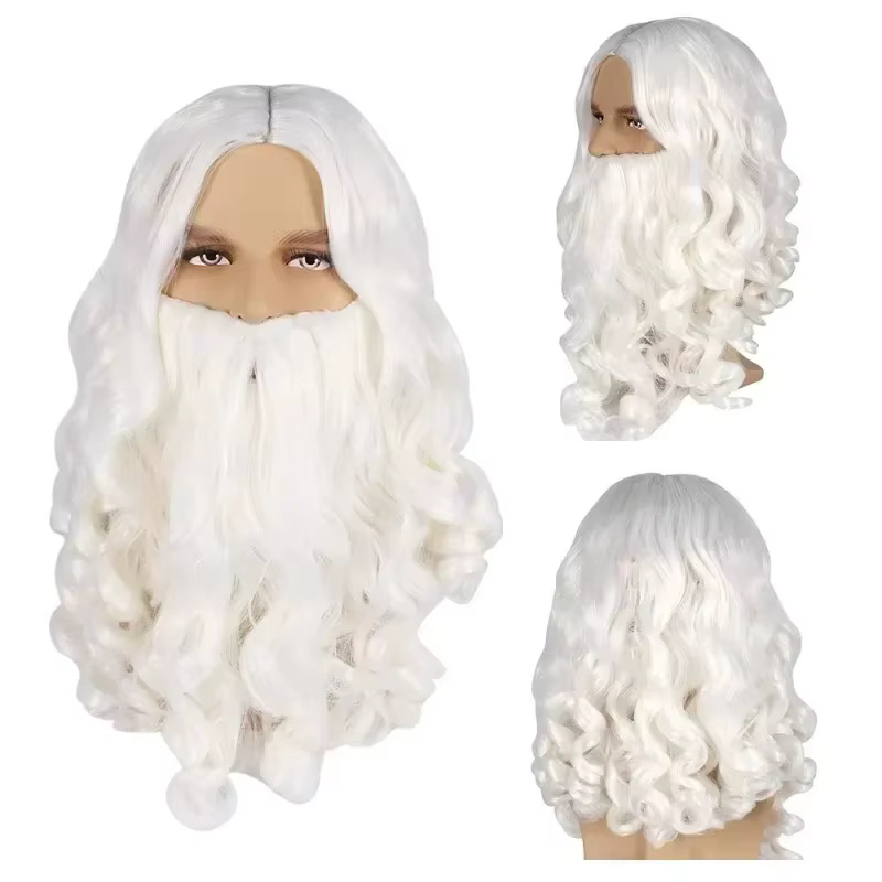 Perruque synthétique blanche avec barbe du père noël, unisexe, pour hommes et femmes, accessoires de