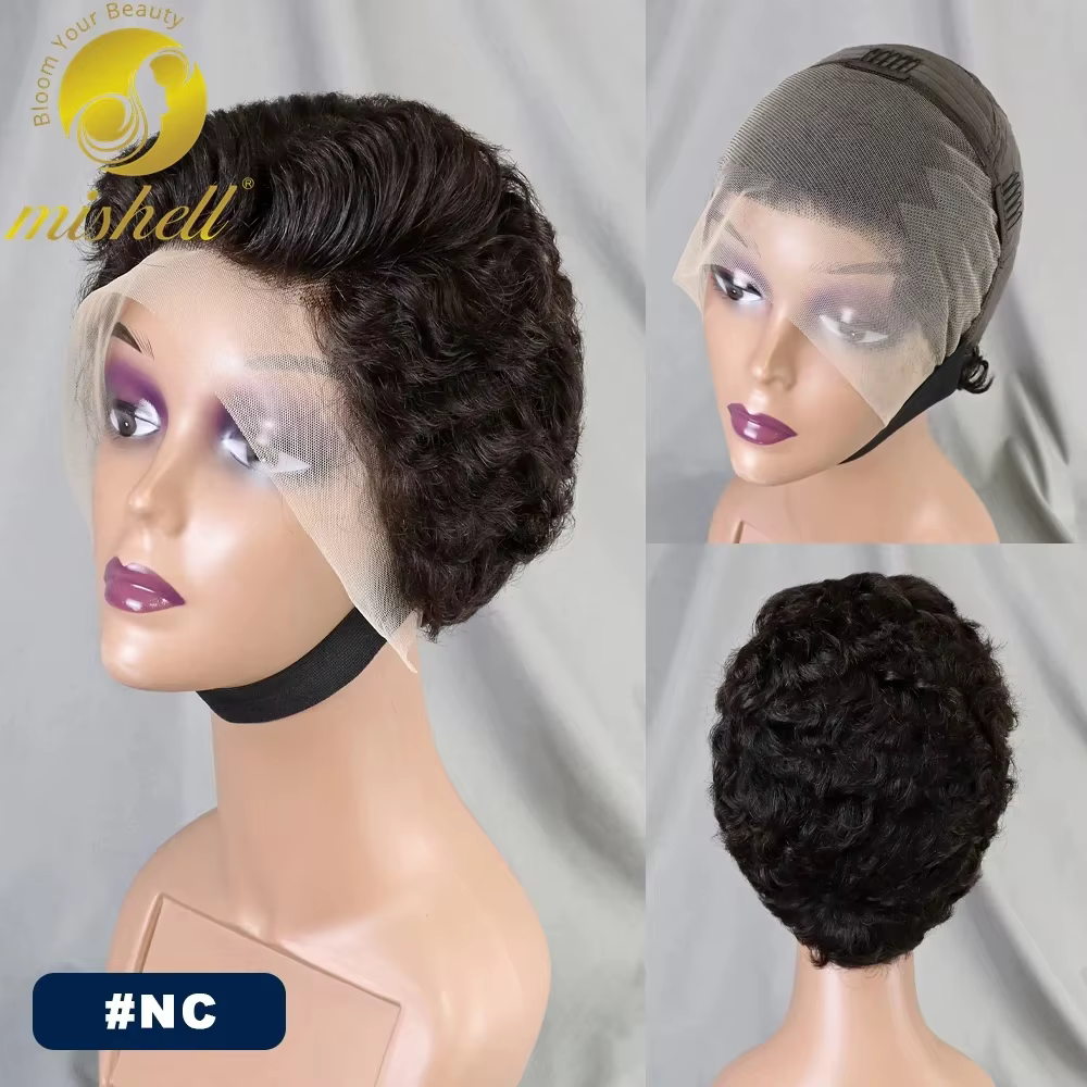 Perruque courte grise coupe Pixie, perruques en cheveux humains, densité 180%, dentelle transparente
