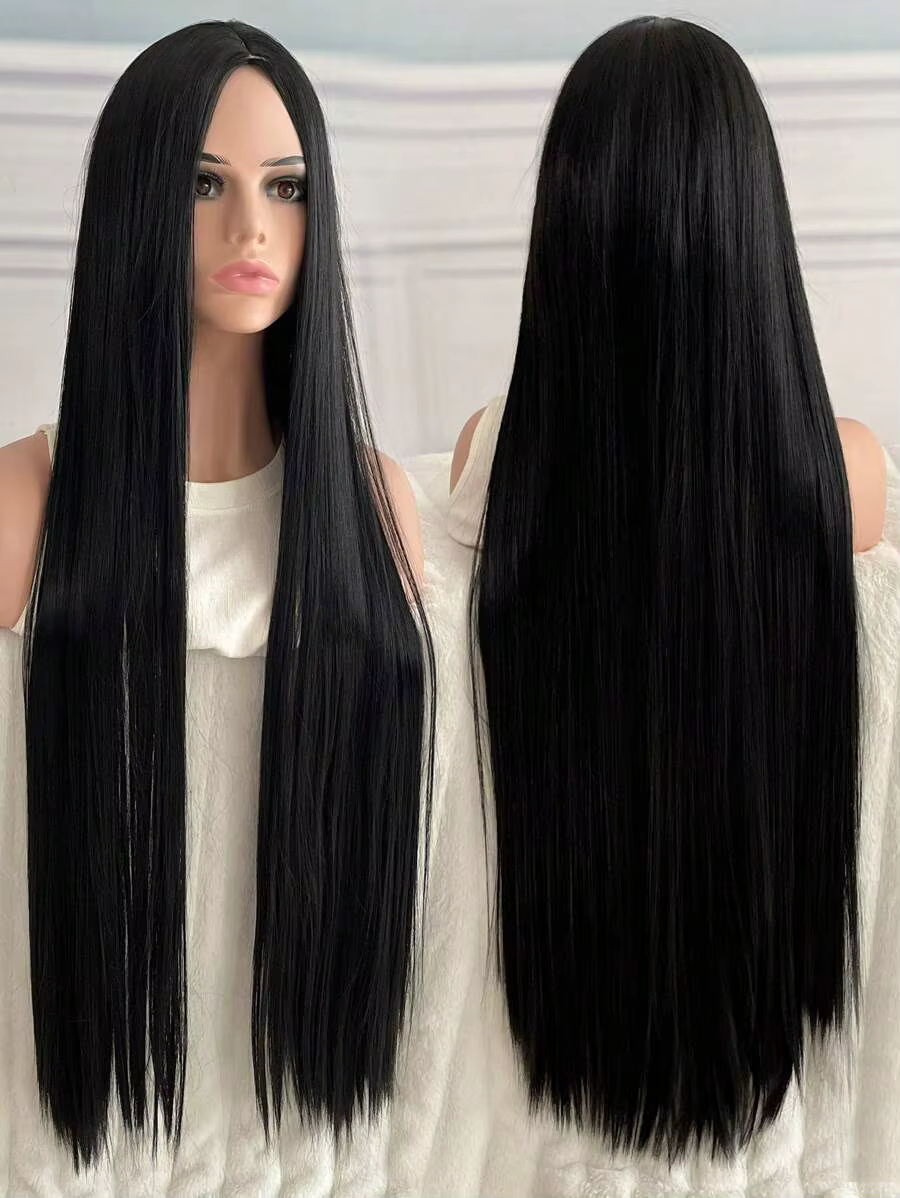 Perruque synthétique noire super longue de 40 pouces pour femme avec cheveux longs et raides sans fr