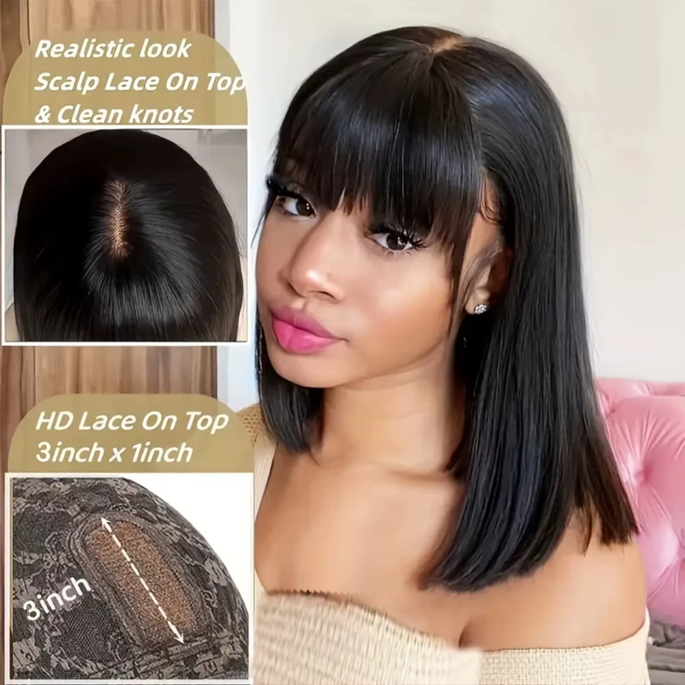 Perruque Bob Lace Wig Brésilienne Naturelle, Cheveux Courts et Lisses, avec Frange, 3x1 HD, 100% de 