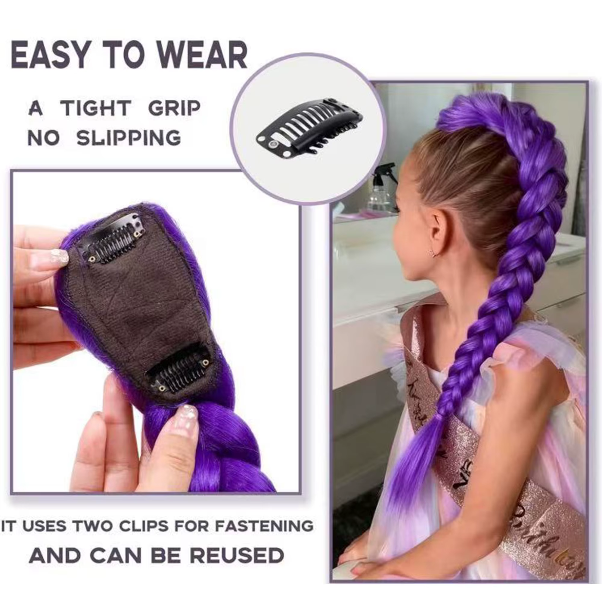 Extension de cheveux synthétiques longue queue de cheval à clipser, tressée violette, pour cosplay, 