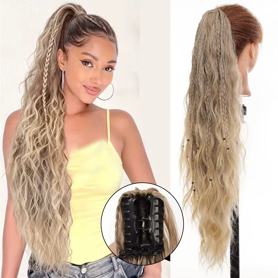 Extension de queue de cheval à pince pour femme, longue, ombrée marron, bouclée, à clipser, tresses 