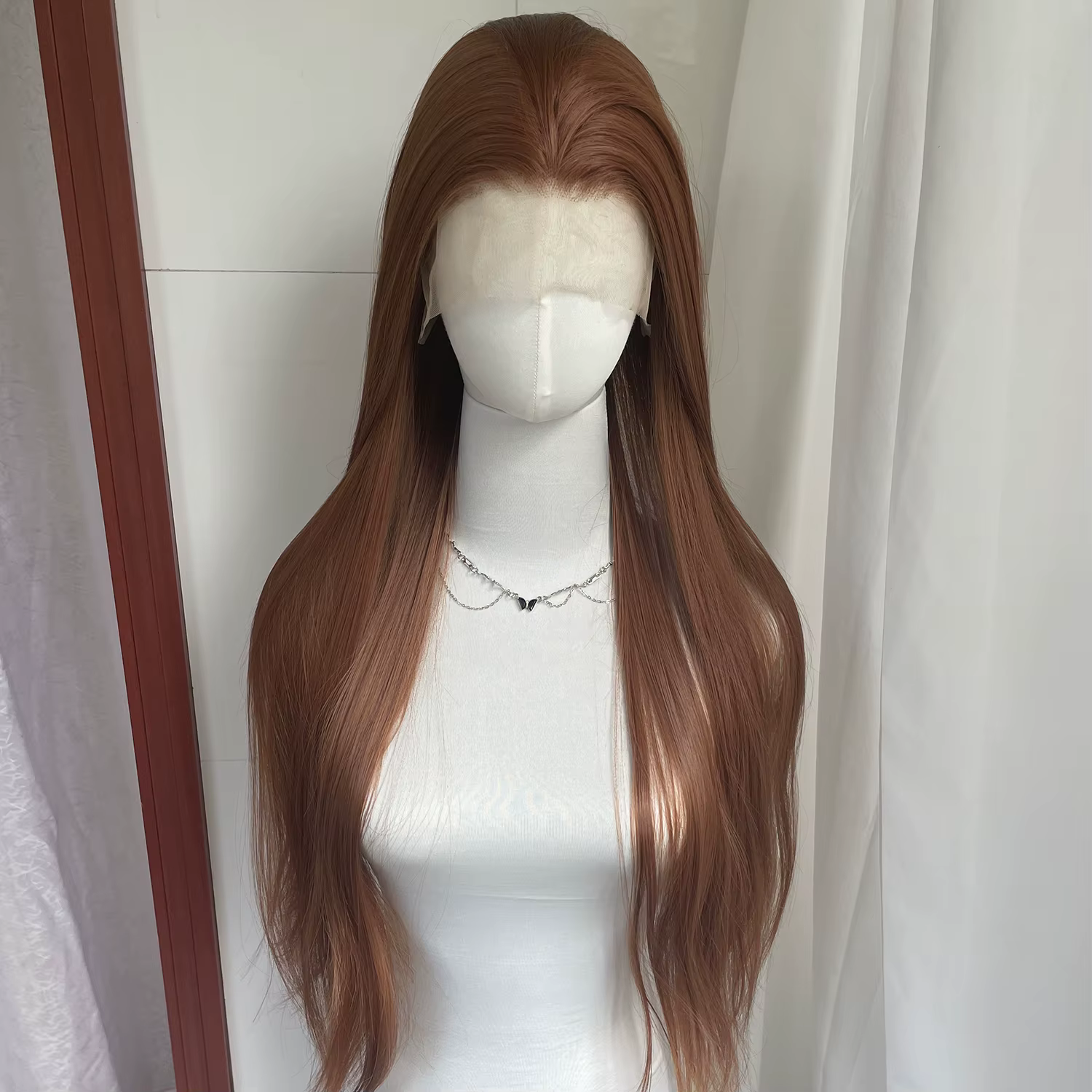 Perruque Lace Front Wig synthétique lisse et longue, brun miel, 13x4, 26 pouces, sans colle, nouée à