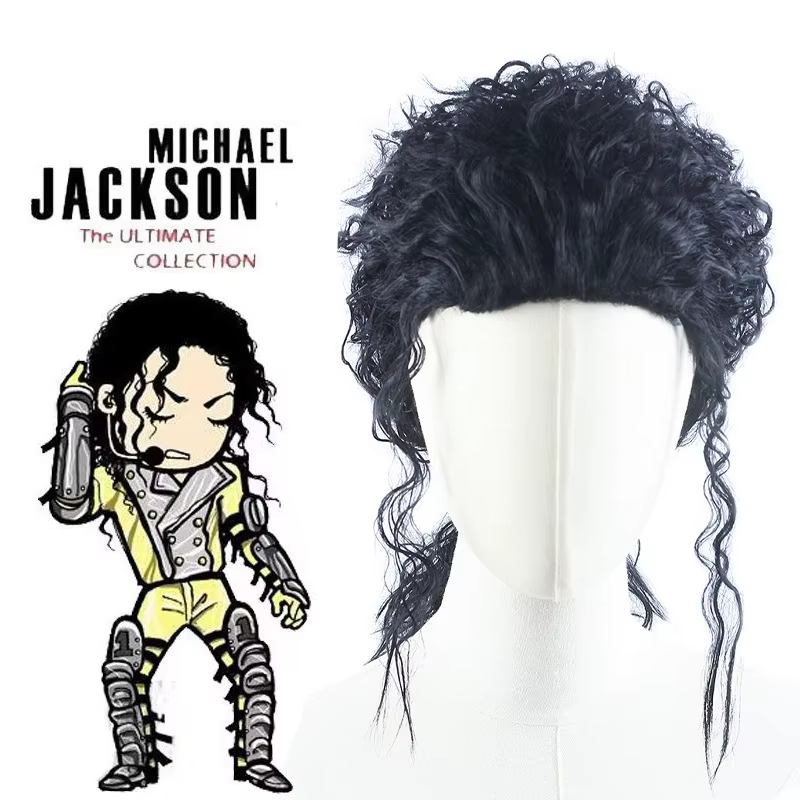Perruque noire MJ Michael Cosplay, perruque de cosplay Michael Jackson, cheveux noirs bouclés mi-lon
