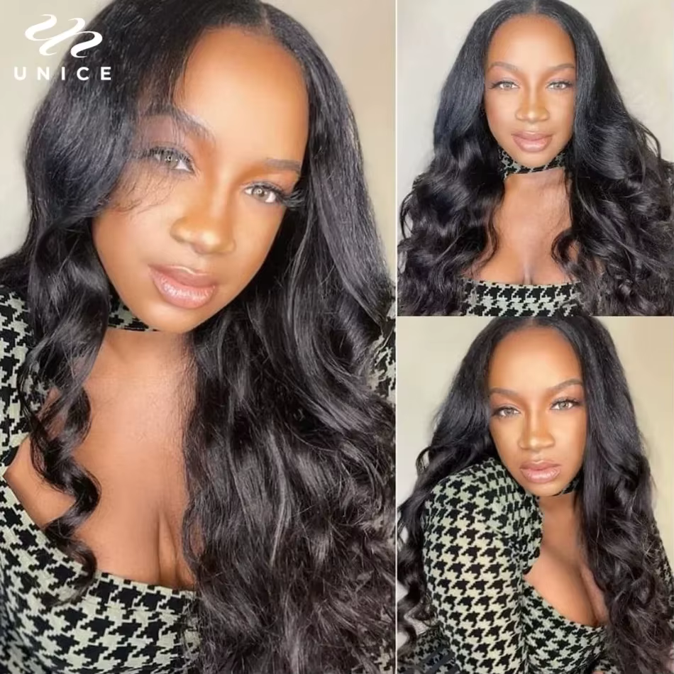 UNice cheveux 180% densité vague de corps V partie perruque avec cordon 100% cheveux humains véritab