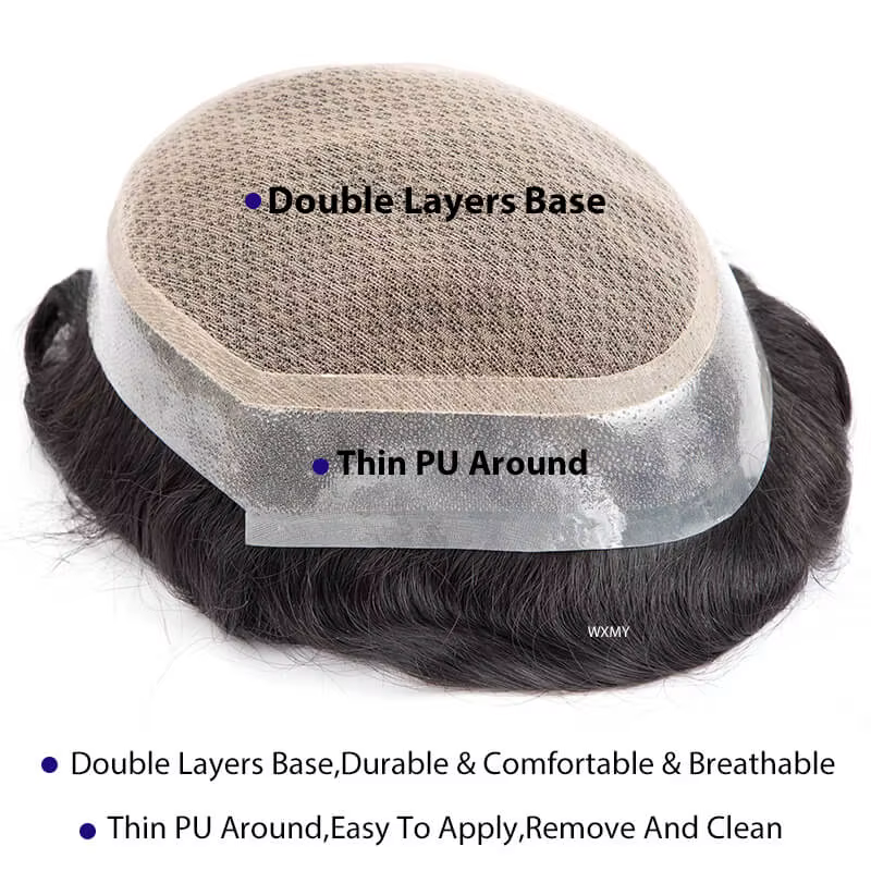 Perruque de toupet pour homme, dentelle double couche, base en PU, prothèse capillaire masculine, sy